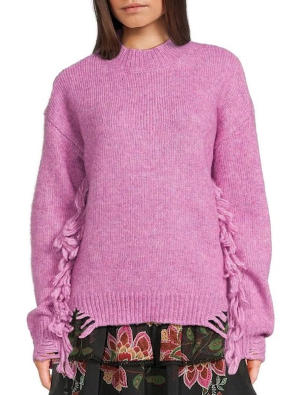 Chelsea & Violet Juniors M Pink Fringe Mock Neck Sweater Distressed NWT